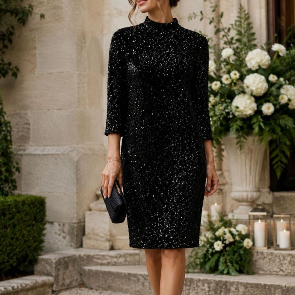 J. McLaughlin Leeza Sequin Dress XL Black Mock Neck 3/4 Sleeve NWT Quiet Luxury